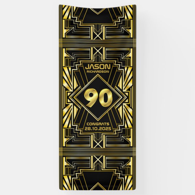 90th Birthday Art Deco Gold Black Great Gatsby Banner (Vertical)