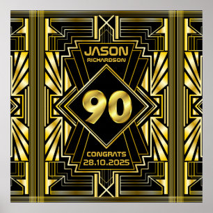 90th Birthday Art Deco Gold Black Great Gatsby Poster