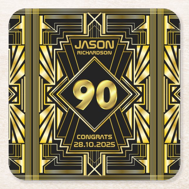 90th Birthday Art Deco Gold Black Great Gatsby Square Paper Coaster (Front)