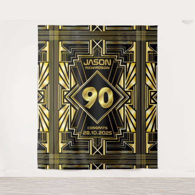 90th Birthday Art Deco Gold Black Great Gatsby Tapestry (Front)