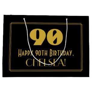 90th Birthday — Art Deco Inspired Look "90" & Name Large Gift Bag