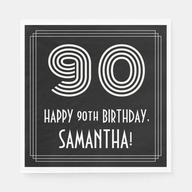 90th Birthday: Art Deco Inspired Look "90" + Name Napkin (Front)