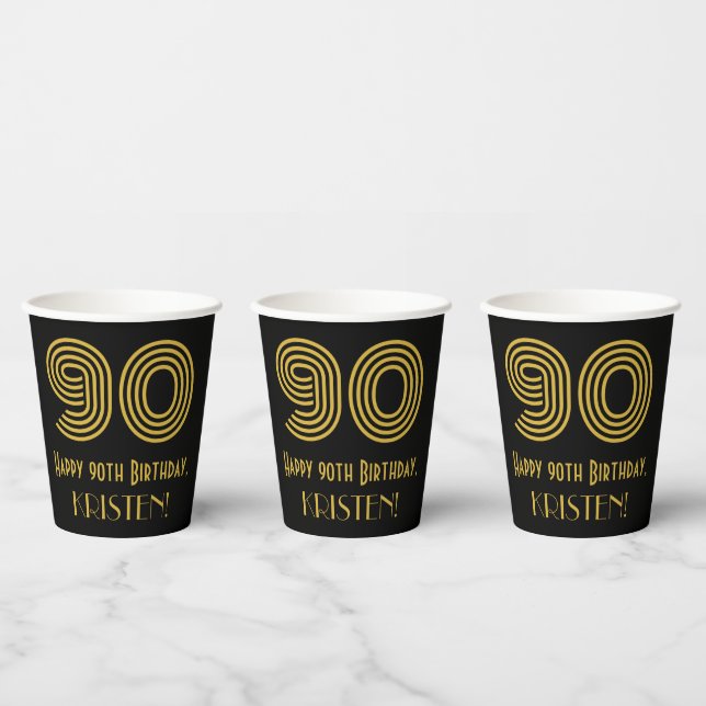 90th Birthday: Art Deco Inspired Look “90” & Name Paper Cups (Multi)