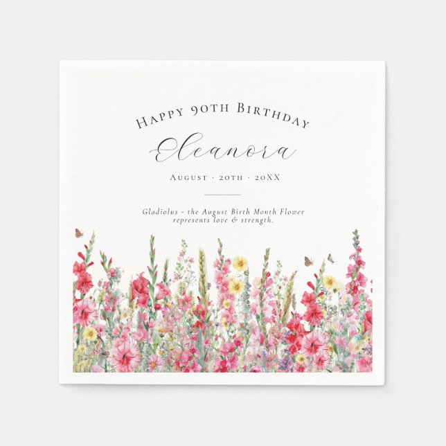 90th Birthday August Birth Flower Custom Napkin (Front)