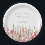 90th Birthday August Birth Flower Party Supplies Paper Plate<br><div class="desc">Perfect table decor for an August birthday party. Pink gladiolus is the birth flower for that month. It forms a pretty watercolor bottom border on this floral personalized plate. The birthday guest of honour's name, age and birthdate are placed above it using elegant calligraphy and typography. All text is editable....</div>