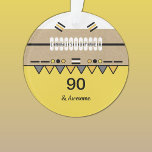 90th Birthday awesome yellow and orange Ornament<br><div class="desc">90 and awesome ornament birthday gift.
Add his name and change the age to suit.
Designed in yellow,  orange and grey,  with bunting.
*Kraft graphic rustic effect background.
*Real Kraft card is not used</div>