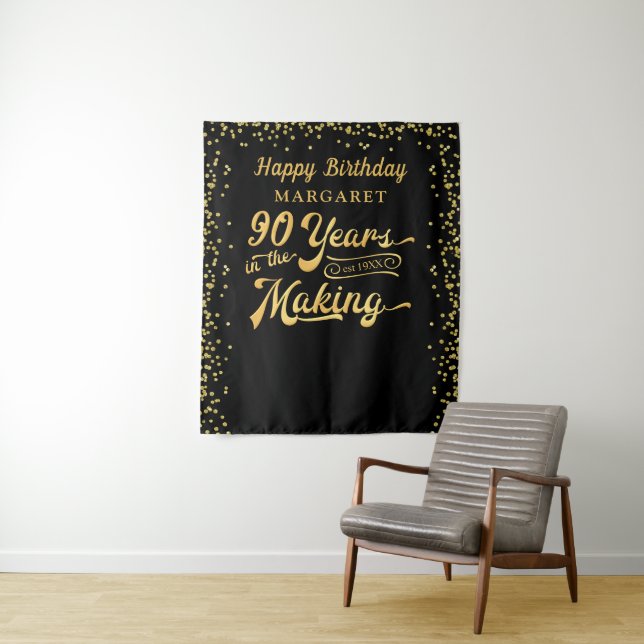 90th Birthday Backdrop Black Gold Confetti Tapestry (In Situ)
