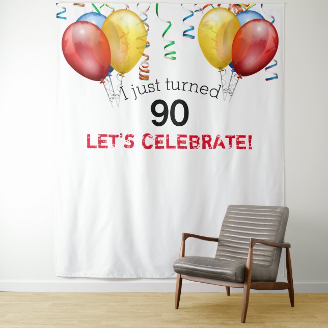 90th Birthday Balloon Backdrop, Photo Prop Tapestry (In Situ)