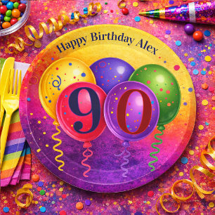 90th Birthday Balloon Confetti Party Paper Plate