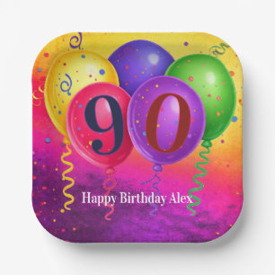 90th Birthday Balloon Confetti Party Paper Plate
