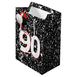 90th Birthday Balloons on Black Glitter Medium Gift Bag