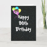 90th Birthday Balloons with Aviator Sunglasses Card<br><div class="desc">Colourful balloon bouquet with hair,  smile,  and aviator sunglasses on a glitter background for 90th birthday.
Text is editable.</div>