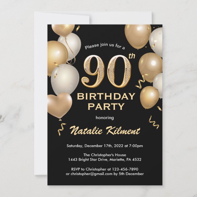 90th Birthday Black and Gold Glitter Balloons Invitation (Front)