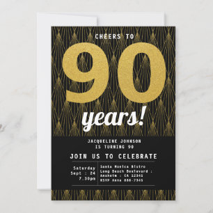 90th Birthday Black And Gold Invitation