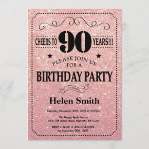 90th Birthday Black and Pink Rose Gold Glitter Invitation