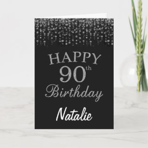 90th Birthday Black and Silver Glitter Card
