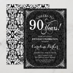 90th Birthday - Black and White Damask Invitation