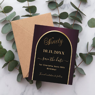 90th birthday black burgundy budget save the date flyer
