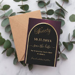 90th birthday black burgundy gold arch save the date<br><div class="desc">A Save the Date card for a 90th birthday party.  A black and burgundy background,  decorated with a faux gold arch. Personalize and add a date and your name. The text: Ninety and Save the Date is written with a large trendy hand lettered style script.</div>