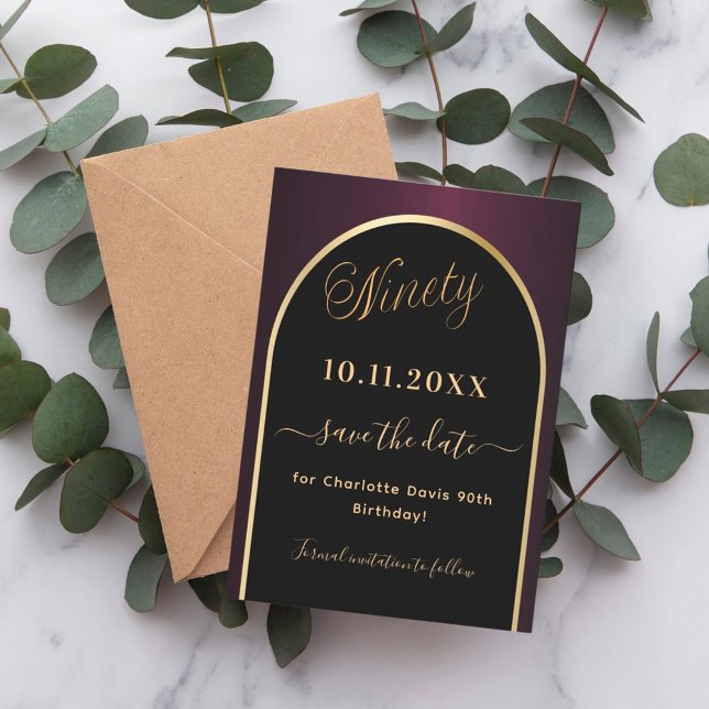 90th birthday black burgundy gold arch save the date (Creator Uploaded)