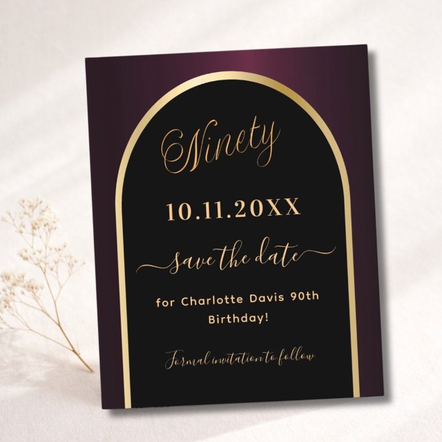 90th birthday black burgundy save the date card (Creator Uploaded)