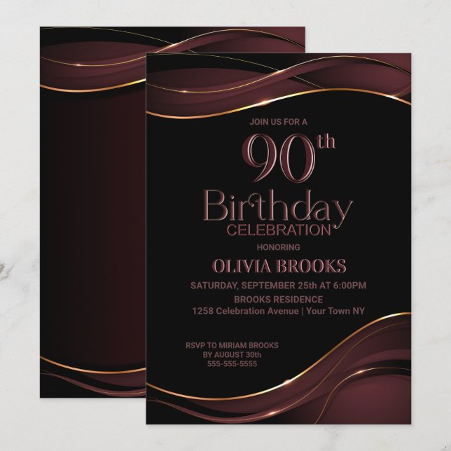 90th Birthday Black Dusty Pink Party Invitation (Front/Back)