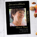 90th Birthday Black Gold<br><div class="desc">Celebrate your loved one's special day in style with this 90th Birthday custom photo invite! Crafted with a luxurious black and gold foil design, this personalized invitation will make your guests feel special and set the tone for a wonderful celebration. Add a photo of the special guest of honour to...</div>