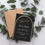 90th birthday black gold arch save the date<br><div class="desc">A Save the Date card for a 90th birthday party.  A black background,  decorated with a faux gold arch. Personalize and add a date and your name. The text: Ninety and Save the Date is written with a large trendy hand lettered style script.</div>