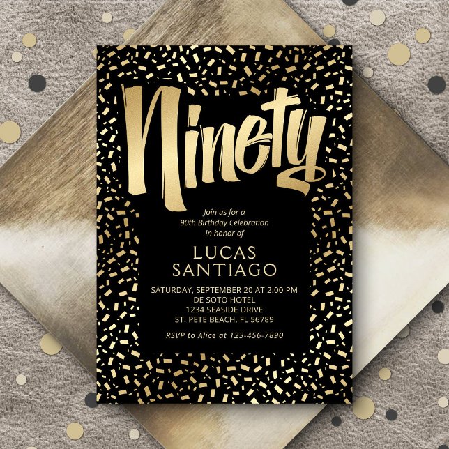 90th Birthday Black Gold Confetti Invitation (Creator Uploaded)