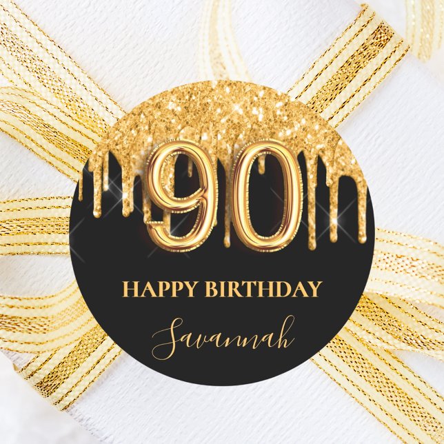 90th birthday black gold glitter balloon party classic round sticker (Creator Uploaded)