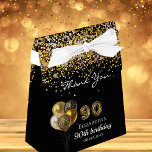 90th birthday black gold glitter leopard thank you favor box<br><div class="desc">A black background,  decorated with balloons and faux gold glitter dust. Number 90 is written with a trendy balloon style font,  leopard pattern.  Personalize and add a name and a date. 90th birthday and Thank You written with a modern hand lettered style script.</div>