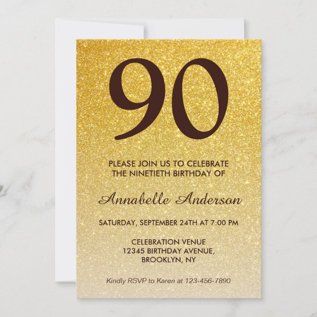 90th Birthday Black Gold Glitter Sparkle Ombre Invitation (Front)