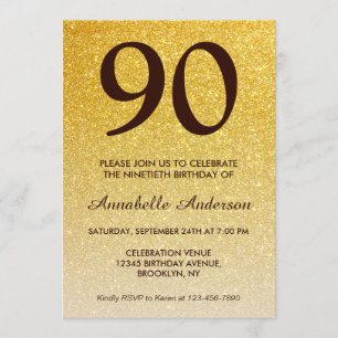 90th Birthday Black Gold Glitter Sparkle Ombre Invitation