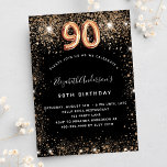 90th birthday black gold glitter sparkles invitation postcard<br><div class="desc">A modern,  stylish and glamourous invitation for a 90th birthday party.  A black background decorated with faux gold glitter,  sparkles. The name is written with a modern hand lettered style script.  Personalize and add your party details.  Number 90 is written with a balloon style font,  script.</div>