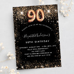 90th birthday black gold glitter sparkles luxury invitation<br><div class="desc">A modern,  stylish and glamourous invitation for a 90th birthday party.  A black background decorated with faux gold glitter,  sparkles. The name is written with a modern hand lettered style script.  Personalize and add your party details.  Number 90 is written with a balloon style font,  script.</div>