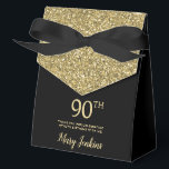 90th Birthday Black Gold Glitter Thank You Favor Box<br><div class="desc">This fabulous modern 90th Birthday Black Gold Glitter Thank You favor box with sparkling gold glitter, the birthday girl's name in a trendy script font, and tied with an elegant black bow would be perfect for your event. It would be great for a candy station, on a thank you gift...</div>