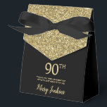 90th Birthday Black Gold Glitter Thank You Favor Box<br><div class="desc">This fabulous modern 90th Birthday Black Gold Glitter Thank You favor box with sparkling gold glitter, the birthday girl's name in a trendy script font, and tied with an elegant black bow would be perfect for your event. It would be great for a candy station, on a thank you gift...</div>