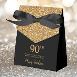 90th Birthday Black Gold Glitter Thank You Favor Box<br><div class="desc">This fabulous modern 90th Birthday Black Gold Glitter Thank You favour box with sparkling gold glitter, the birthday girl's name in a trendy script font, and tied with an elegant black bow would be perfect for your event. It would be great for a candy station, on a thank you gift...</div>