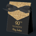90th Birthday Black Gold Glitter Thank You Favor Box<br><div class="desc">This fabulous modern 90th Birthday Black Gold Glitter Thank You favour box with sparkling gold glitter, the birthday girl's name in a trendy script font, and tied with an elegant black bow would be perfect for your event. It would be great for a candy station, on a thank you gift...</div>