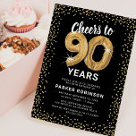 90th Birthday Black Gold Invitation<br><div class="desc">Elegant ninetieth birthday party invitation featuring a stylish black background that can be changed to any colour,  gold sparkly glitter,  ninety gold hellium balloons,  and a modern 90th birthday celebration text template that is easy to personalize.</div>