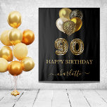 90th birthday black gold leopard name script tapestry<br><div class="desc">A tapestry for a glamourous 90th birthday party. A black background, decorated with balloons. With the text: Happy Birthday. Personalize and add a name. The name is written in dark rose gold with a modern hand lettered style script with swashes. Number 90 is written with a trendy balloon style font,...</div>