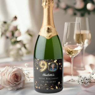 90th birthday black gold stars photo sparkling wine label