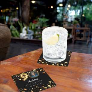 90th birthday black gold stars photo square paper coaster