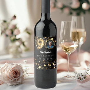 90th birthday black gold stars photo wine label