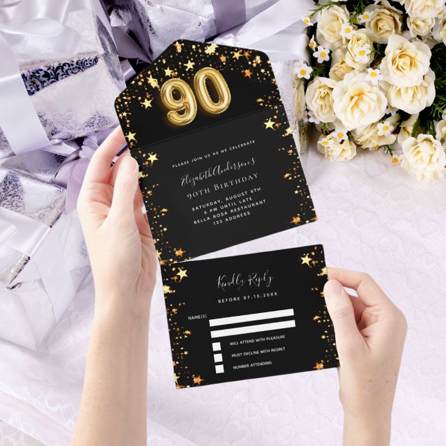 90th birthday black gold stars rsvp all in one invitation (Creator Uploaded)