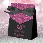 90th Birthday Black Hot Pink Glitter Thank You Favor Box<br><div class="desc">This fabulous modern 90th Birthday Black Hot Pink Glitter Thank You favour box with sparkling hot pink glitter, the birthday girl's name in a trendy script font, and tied with an elegant black bow would be perfect for your event. It would be great for a candy station, on a thank...</div>