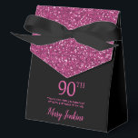 90th Birthday Black Hot Pink Glitter Thank You Favor Box<br><div class="desc">This fabulous modern 90th Birthday Black Hot Pink Glitter Thank You favour box with sparkling hot pink glitter, the birthday girl's name in a trendy script font, and tied with an elegant black bow would be perfect for your event. It would be great for a candy station, on a thank...</div>
