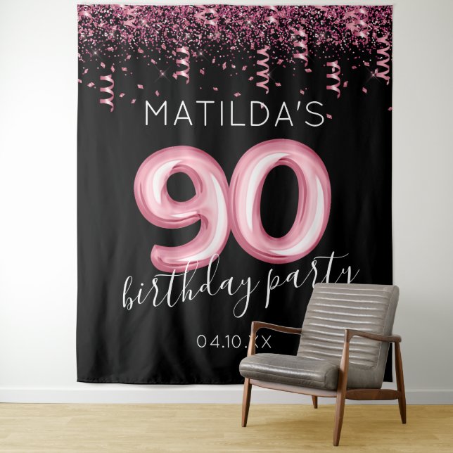 90th Birthday Black Pink Photo Backdrop Tapestry (In Situ)