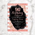 90th Birthday Black Rose Gold and White Stripes Invitation<br><div class="desc">90th birthday invitation for women. Elegant rose gold white and black design with faux glitter. Features stripes,  blush pink roses,  script font and confetti. Perfect for a stylish milestone birthday celebration.</div>