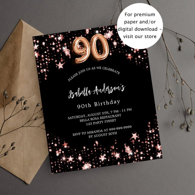 90th birthday black rose gold budget invitation flyer (Creator Uploaded)